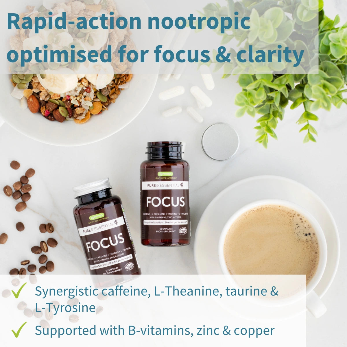 Focus - with Caffeine, Brain Boosting Amino Acids, B-vitamins, Zinc & Copper - 60 Capsules