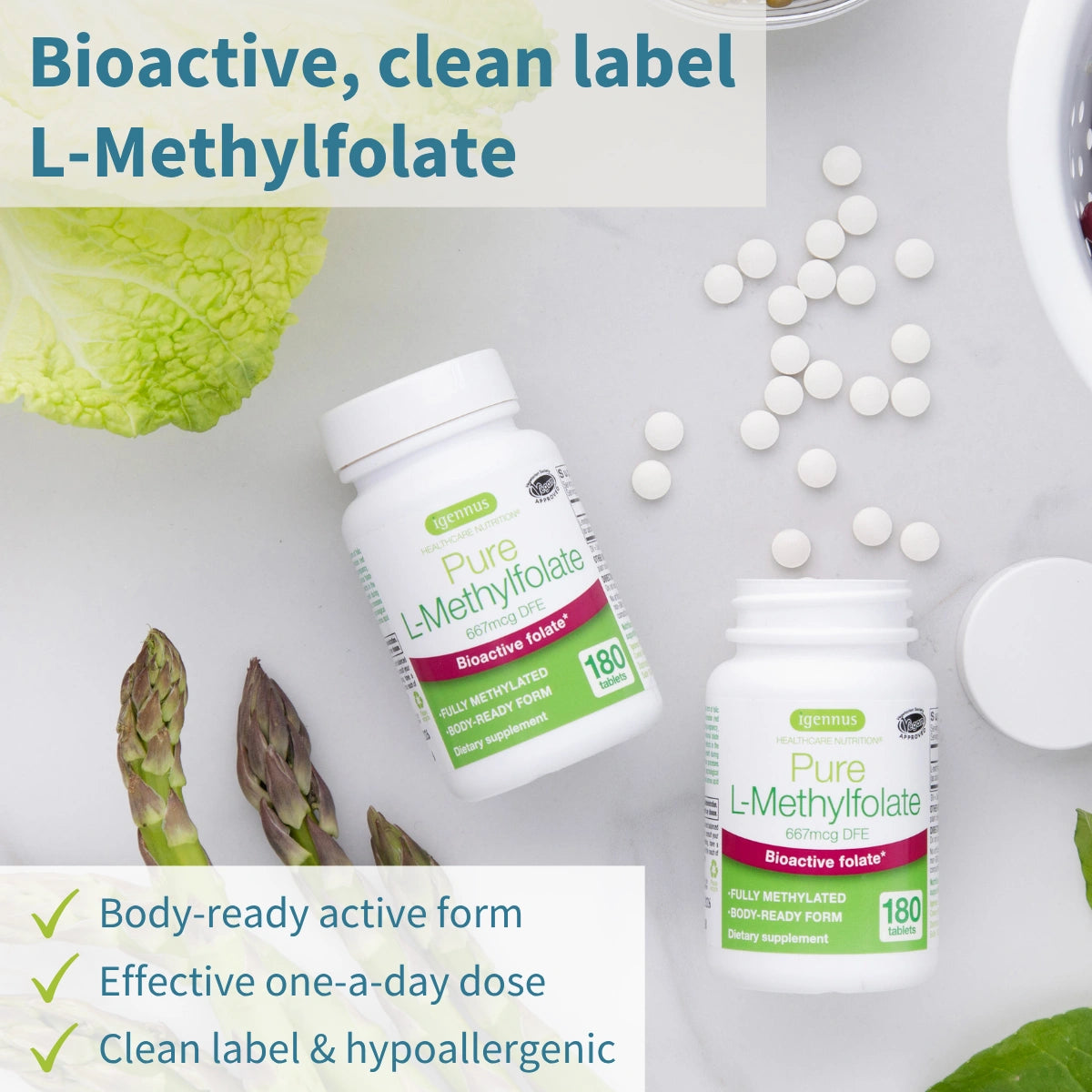 Two bottles of Pure L-Methylfolate with ingredients like lettuce and asparagus on a white background.