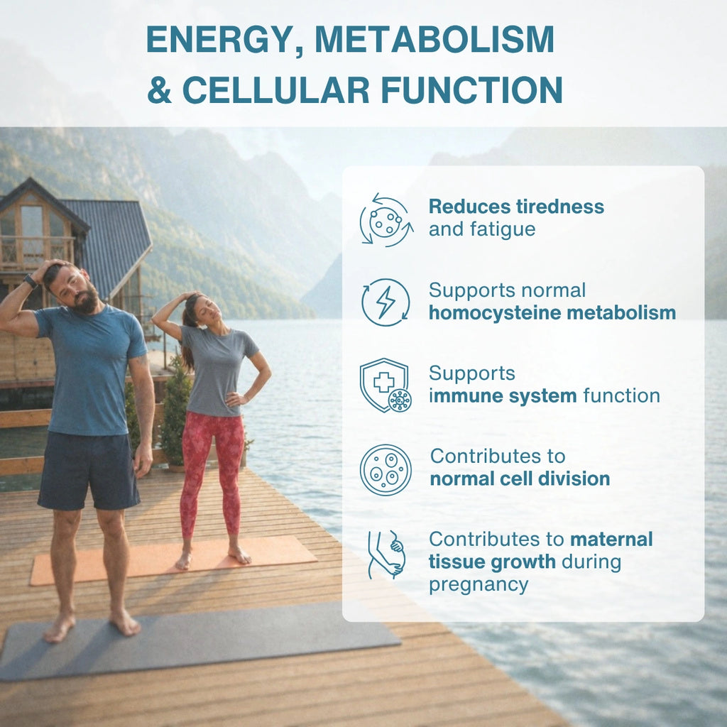 Two people practicing yoga by a lake with text about energy, metabolism, and cellular function.