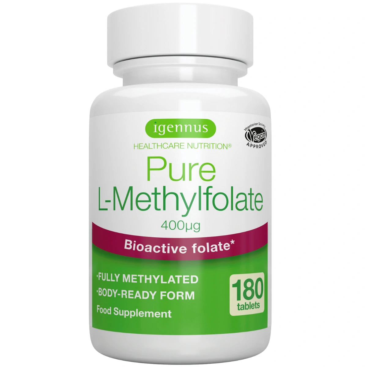 Supplement bottle labeled 'Pure L-Methylfolate' by igennus on a white background
