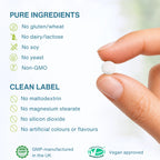 Hand holding a pill with purity and approval information on a white background