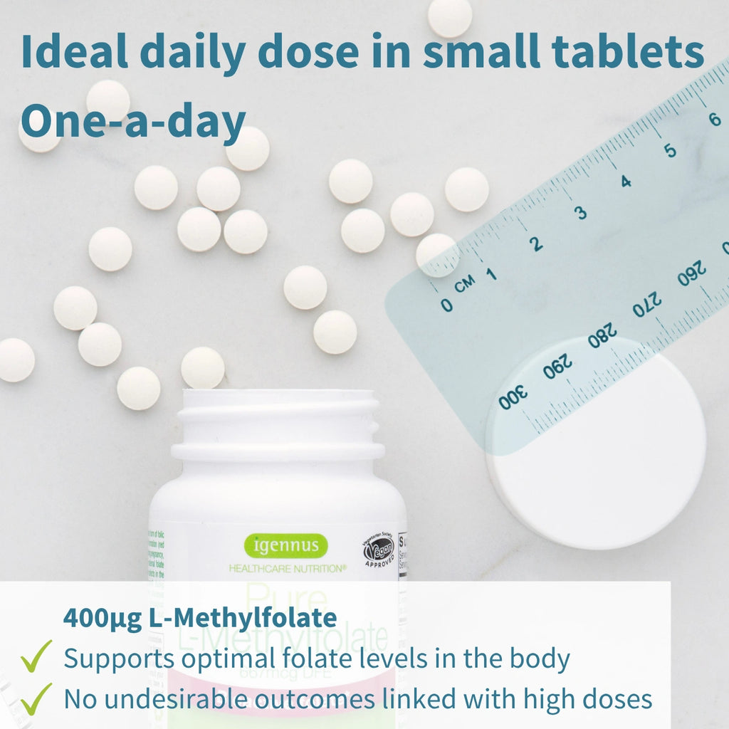 Vitamin supplement with tablets, jar, and ruler on a light gray background