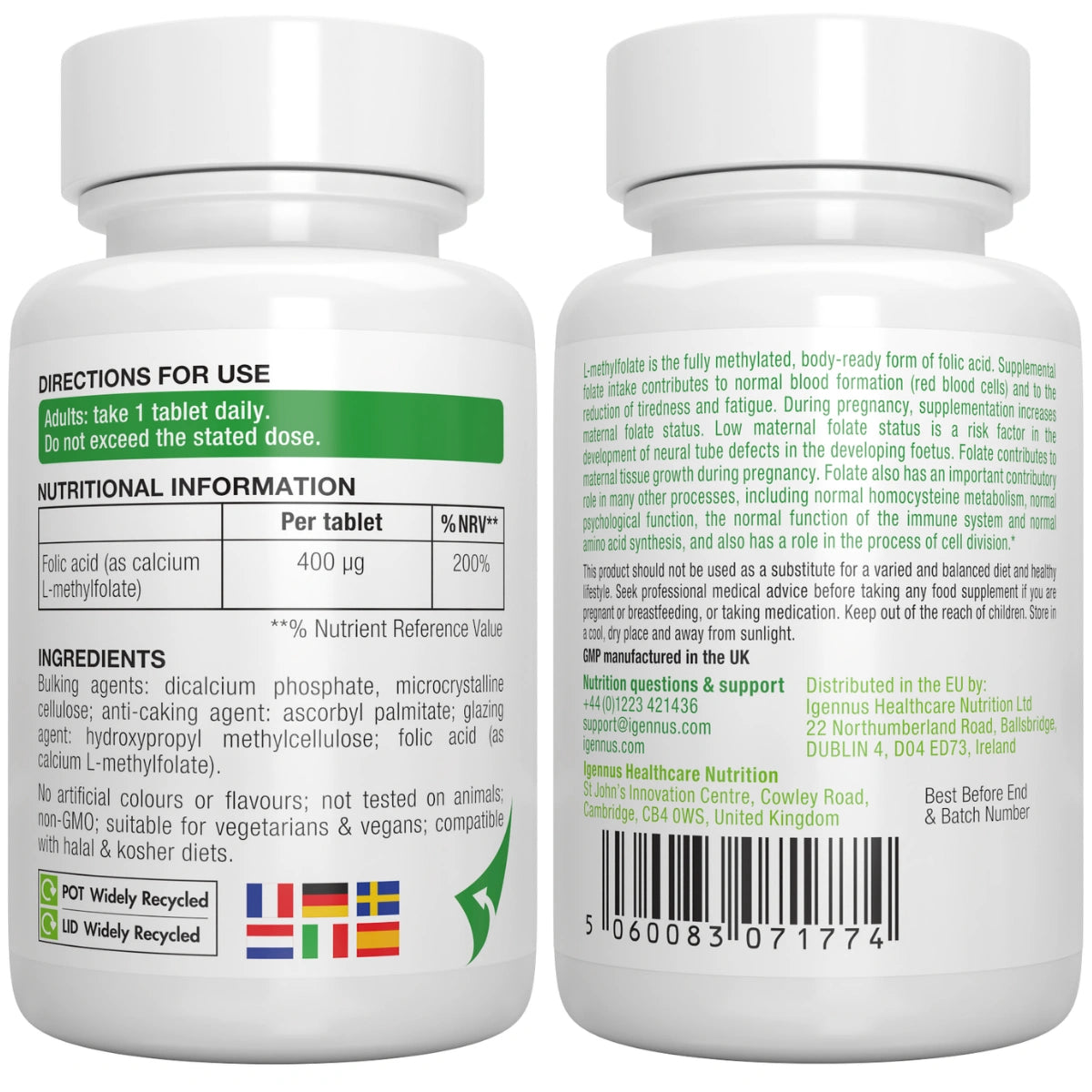 Pure L-Methylfolate 400mcg, Vegan & Clean Label, Methylated Form of Folic Acid 5-MTHF (Vitamin B9), 180 Small Tablets