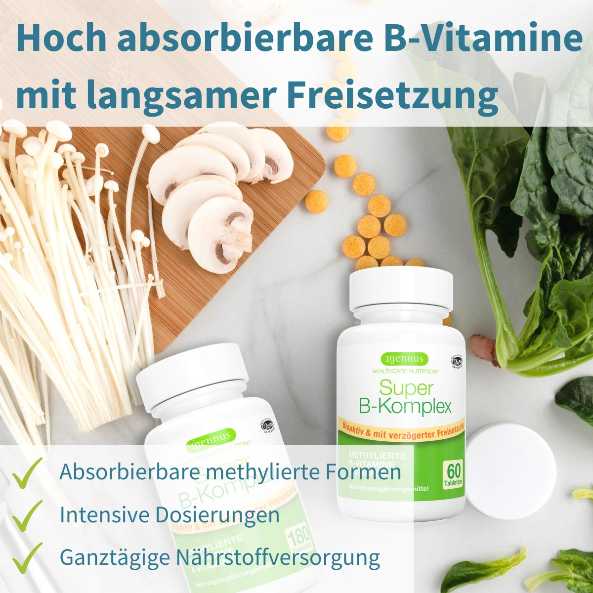 Igennus Super B Komplex Hochdosierter Methylierter B-Vitamin Komplex, 60 Tabletten, mit vollständigem Spektrum an B-Vitaminen, Methylcobalamin, Methylfolat & Vitamin C, Clean Label, Vegan