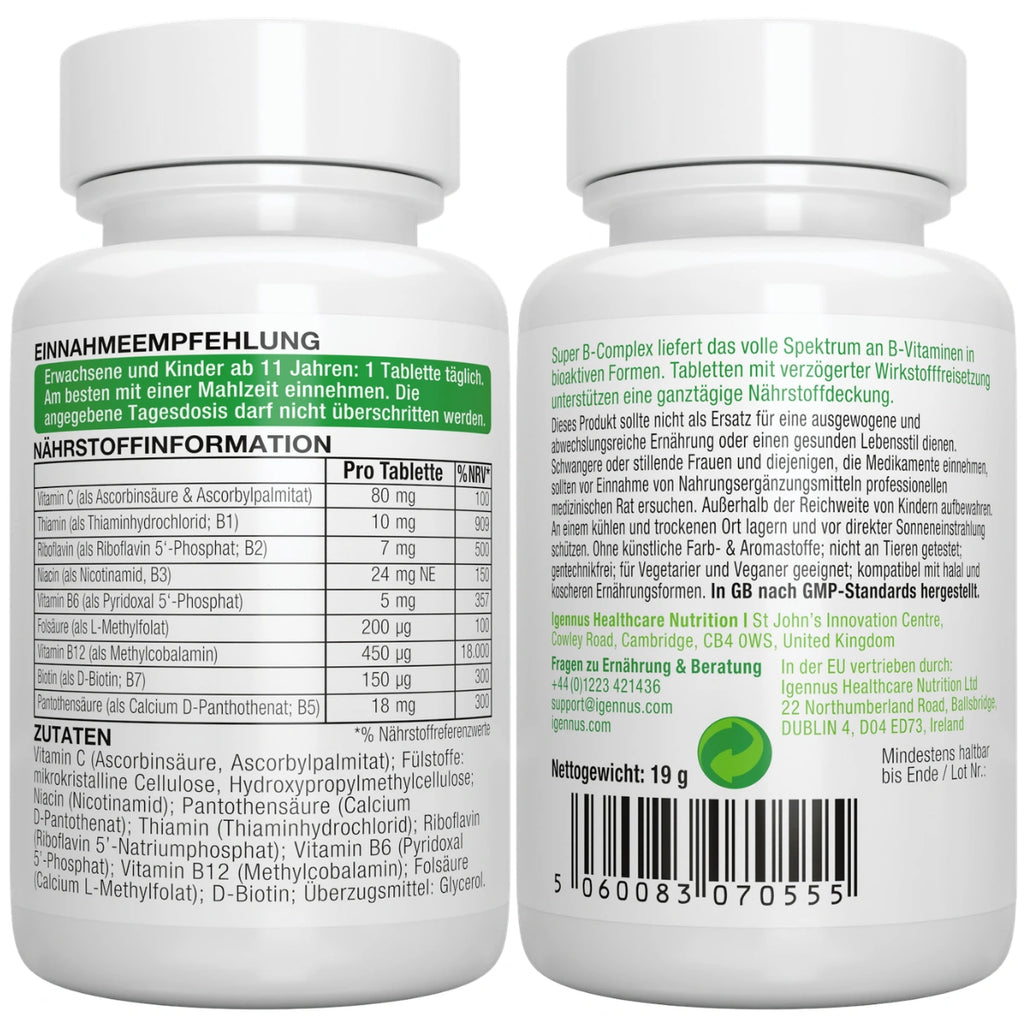 Igennus Super B Komplex Hochdosierter Methylierter B-Vitamin Komplex, 60 Tabletten, mit vollständigem Spektrum an B-Vitaminen, Methylcobalamin, Methylfolat & Vitamin C, Clean Label, Vegan