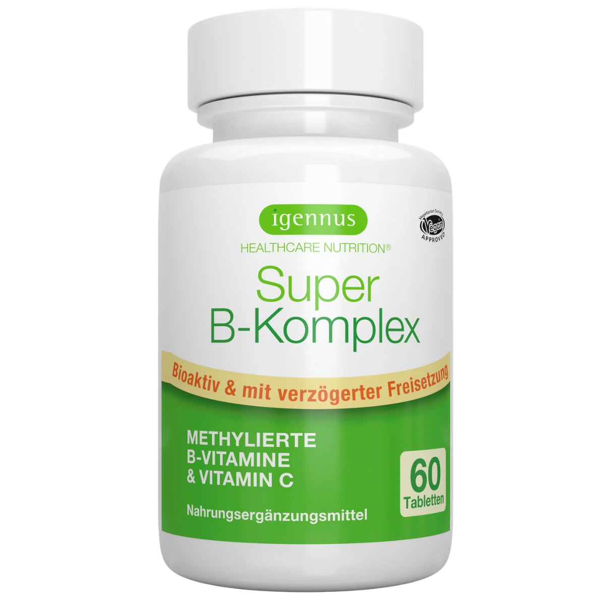 Igennus Super B Komplex Hochdosierter Methylierter B-Vitamin Komplex, 60 Tabletten, mit vollständigem Spektrum an B-Vitaminen, Methylcobalamin, Methylfolat & Vitamin C, Clean Label, Vegan