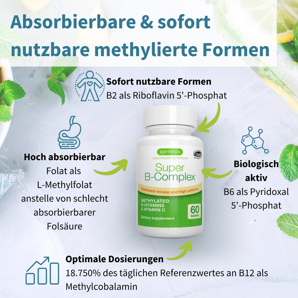 Igennus Super B Komplex Hochdosierter Methylierter B-Vitamin Komplex, 60 Tabletten, mit vollständigem Spektrum an B-Vitaminen, Methylcobalamin, Methylfolat & Vitamin C, Clean Label, Vegan