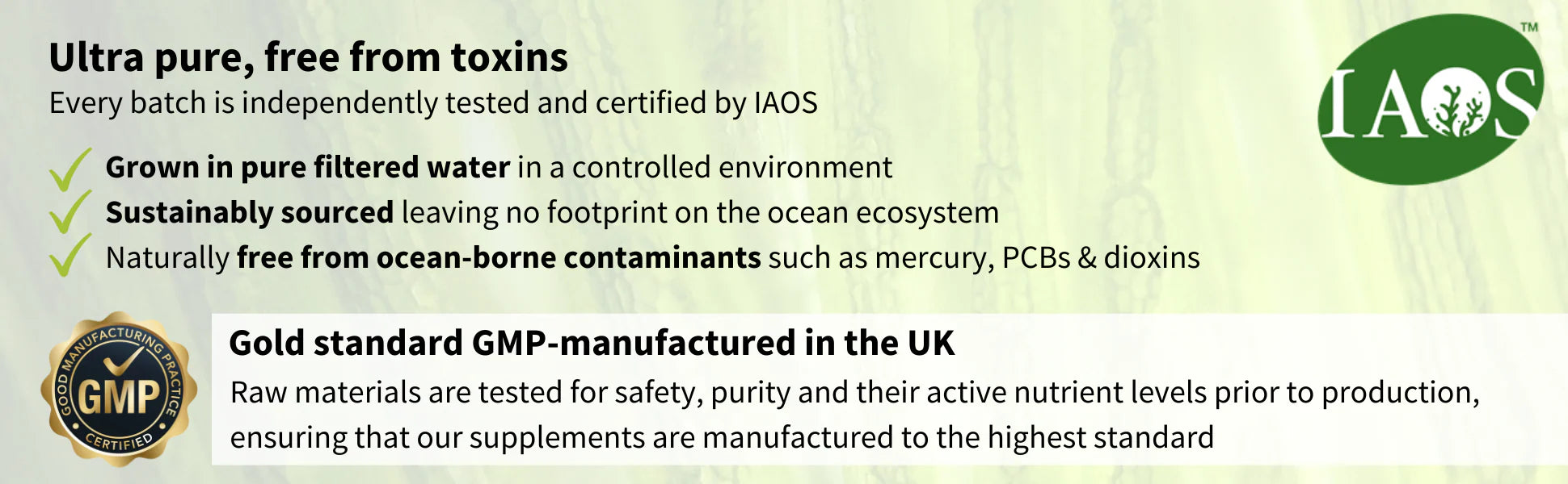IAOS water supplement label with certification details and green background