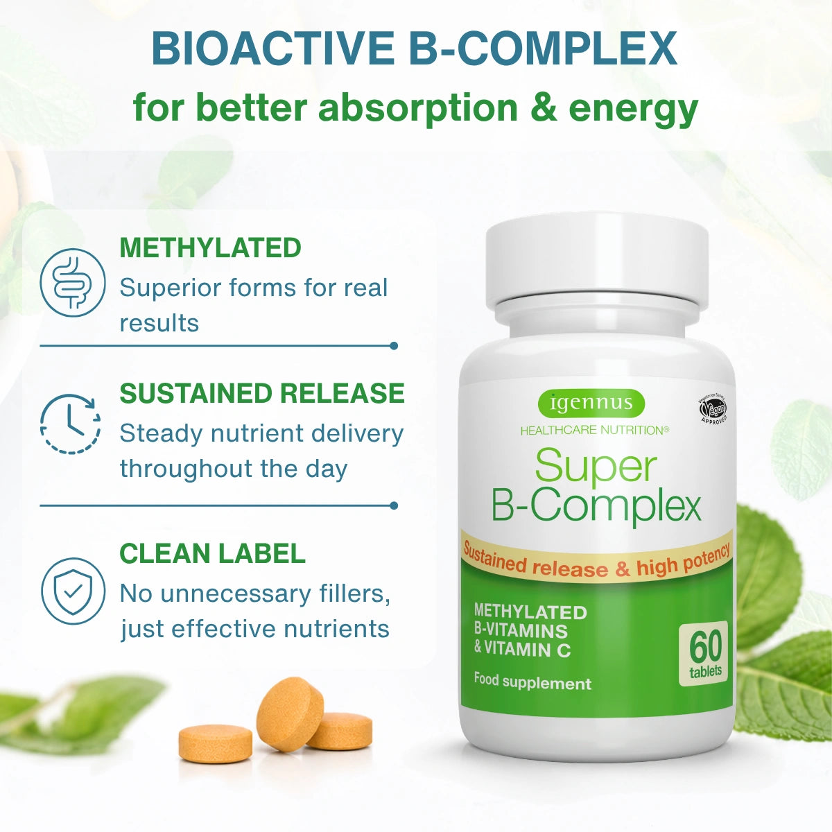 Methylated Super B-Complex, Vitamin B Complex with Vitamin C & Methylfolate, Sustained Release, 60-180 Tablets