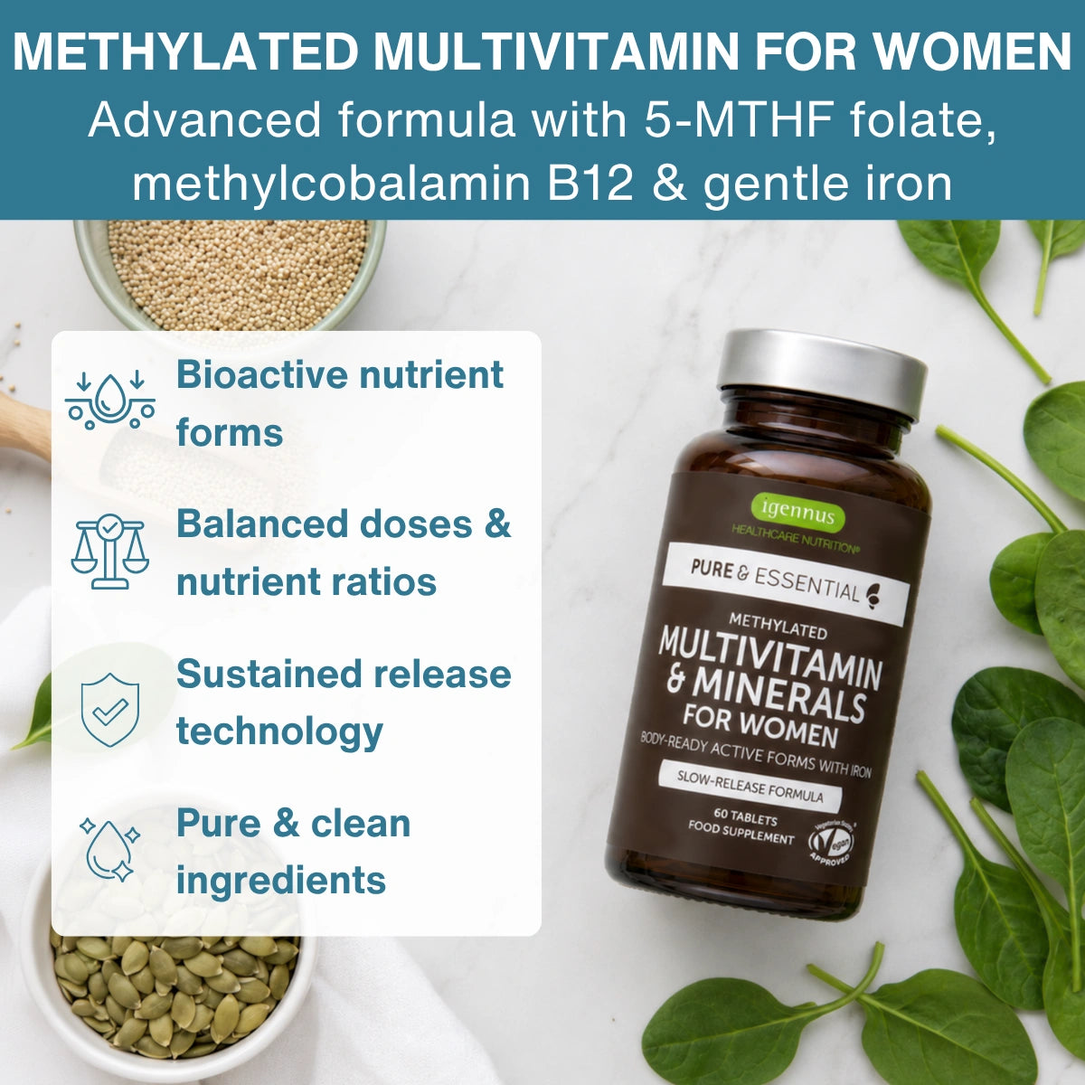 Methylated Multivitamin & Minerals with Iron for Women, with Folate, Vitamin D3 1000iu & Zinc, 60-180 Tablets