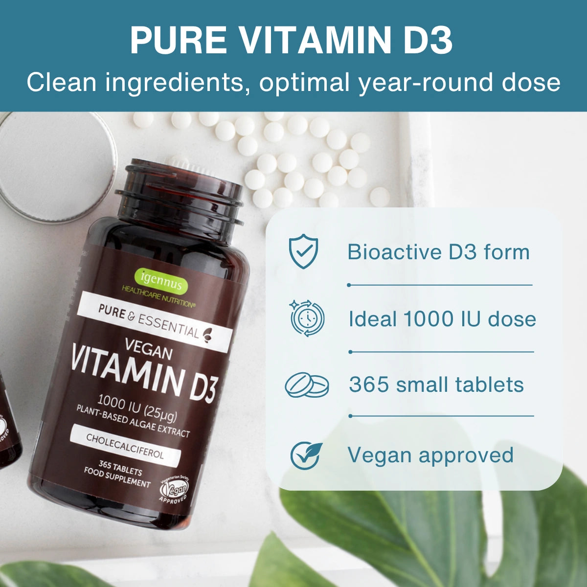 Vegan Vitamin D3 1000iu Cholecalciferol, Algae Extract, 365 Tablets