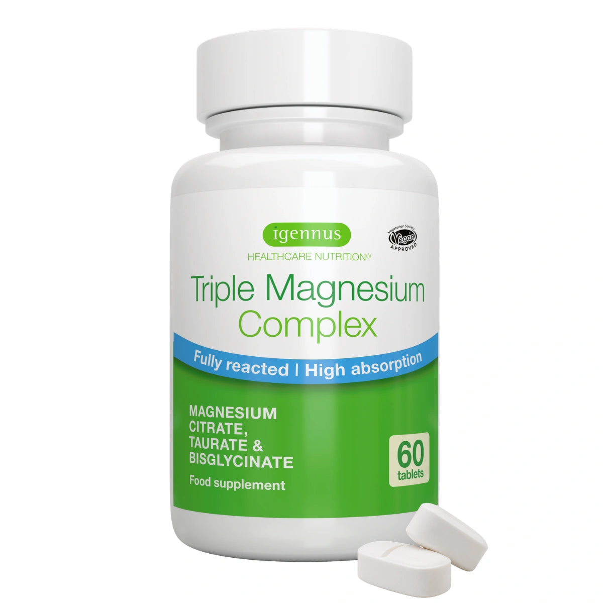 Triple Magnesium Complex, Fully Reacted and Chelated Magnesium Citrate, Bisglycinate & Taurate, 60-180 Tablets