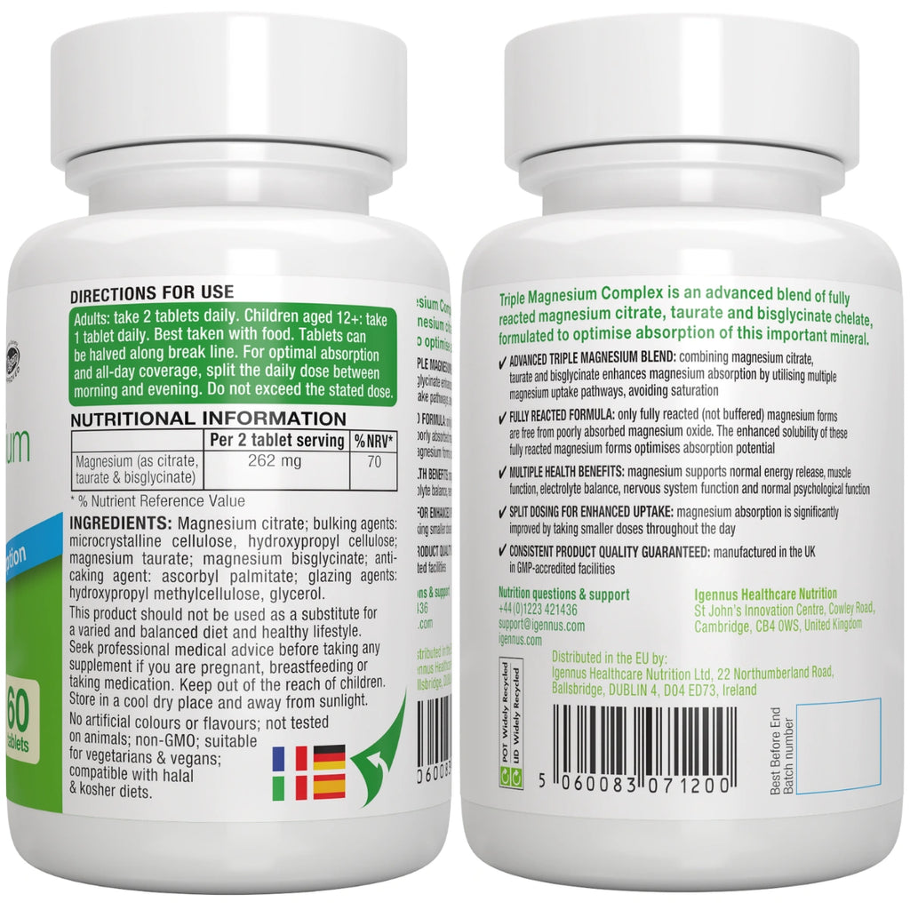 Triple Magnesium Complex, Fully Reacted and Chelated Magnesium Citrate, Bisglycinate & Taurate, 60-180 Tablets