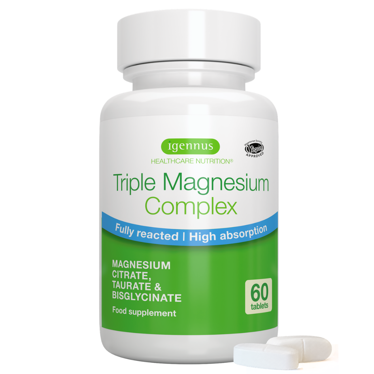 Triple Magnesium Complex, Fully Reacted and Chelated Magnesium Citrate, Bisglycinate & Taurate, 60-180 Tablets