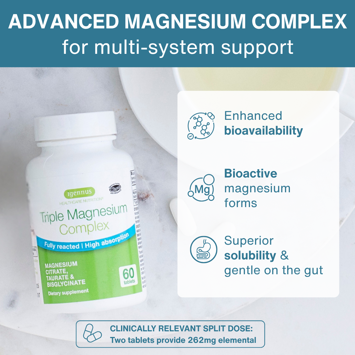 Triple Magnesium Complex, Fully Reacted and Chelated Magnesium Citrate, Bisglycinate & Taurate, 60-180 Tablets
