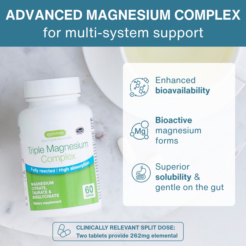 Triple Magnesium Complex: Fully Reacted and Chelated Magnesium Citrate, Bisglycinate & Taurate, 60-180 Tablets