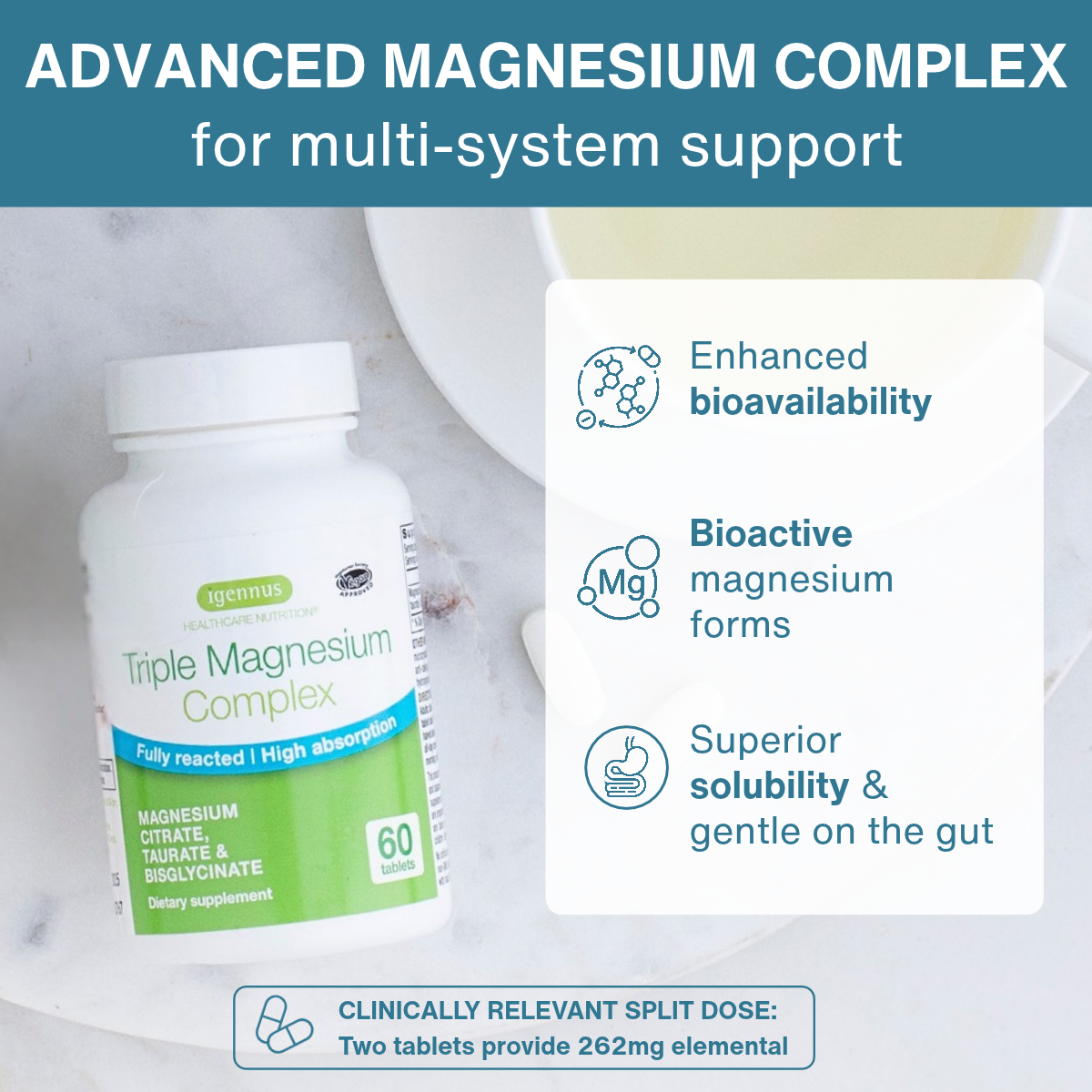 Triple Magnesium Complex: Fully Reacted and Chelated Magnesium Citrate, Bisglycinate & Taurate, 60-180 Tablets