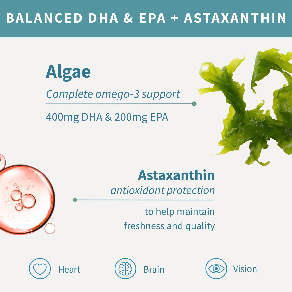 Vegan Omega-3 Algae Oil, 400mg DHA & 200mg EPA & Astaxanthin, 60-180 Softgels