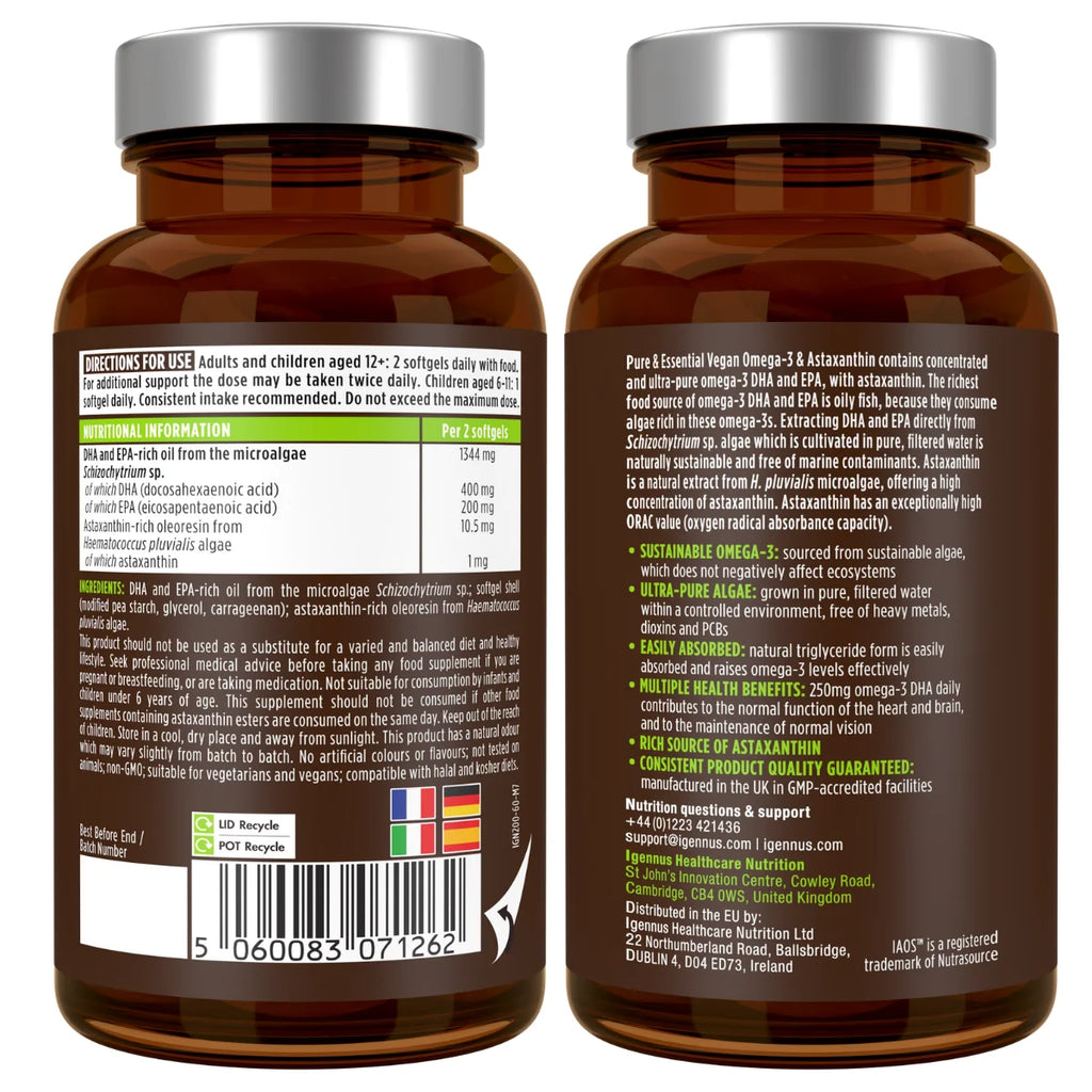 Vegan Omega-3 Algae Oil, 400mg DHA & 200mg EPA & Astaxanthin, 60-180 Softgels
