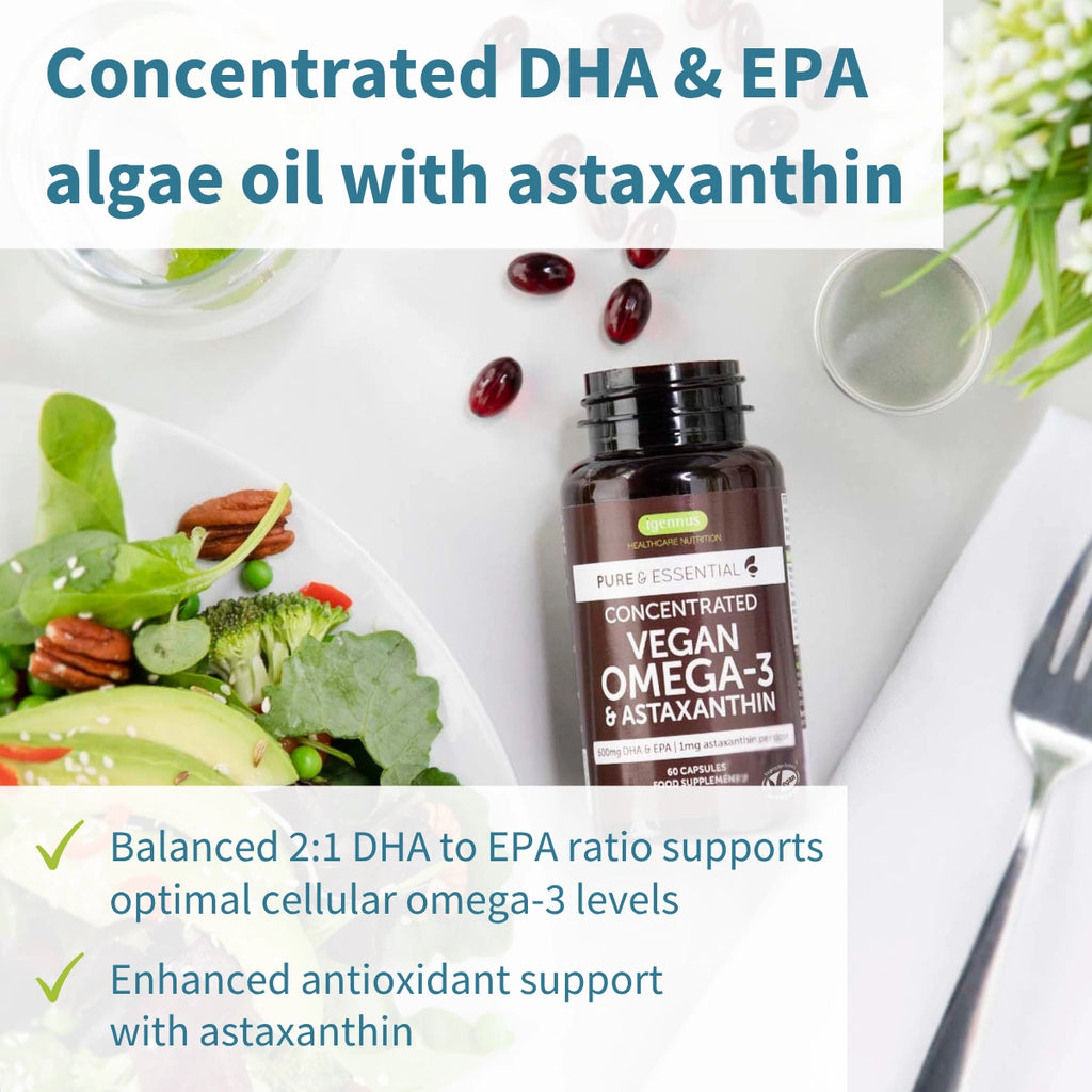 Vegan Omega-3 Algae Oil, 400mg DHA & 200mg EPA & Astaxanthin, 60-180 Softgels