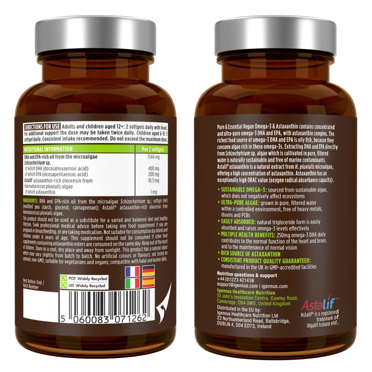 Vegan Omega-3 Algae Oil, 400mg DHA & 200mg EPA & Astaxanthin, 60-180 Softgels