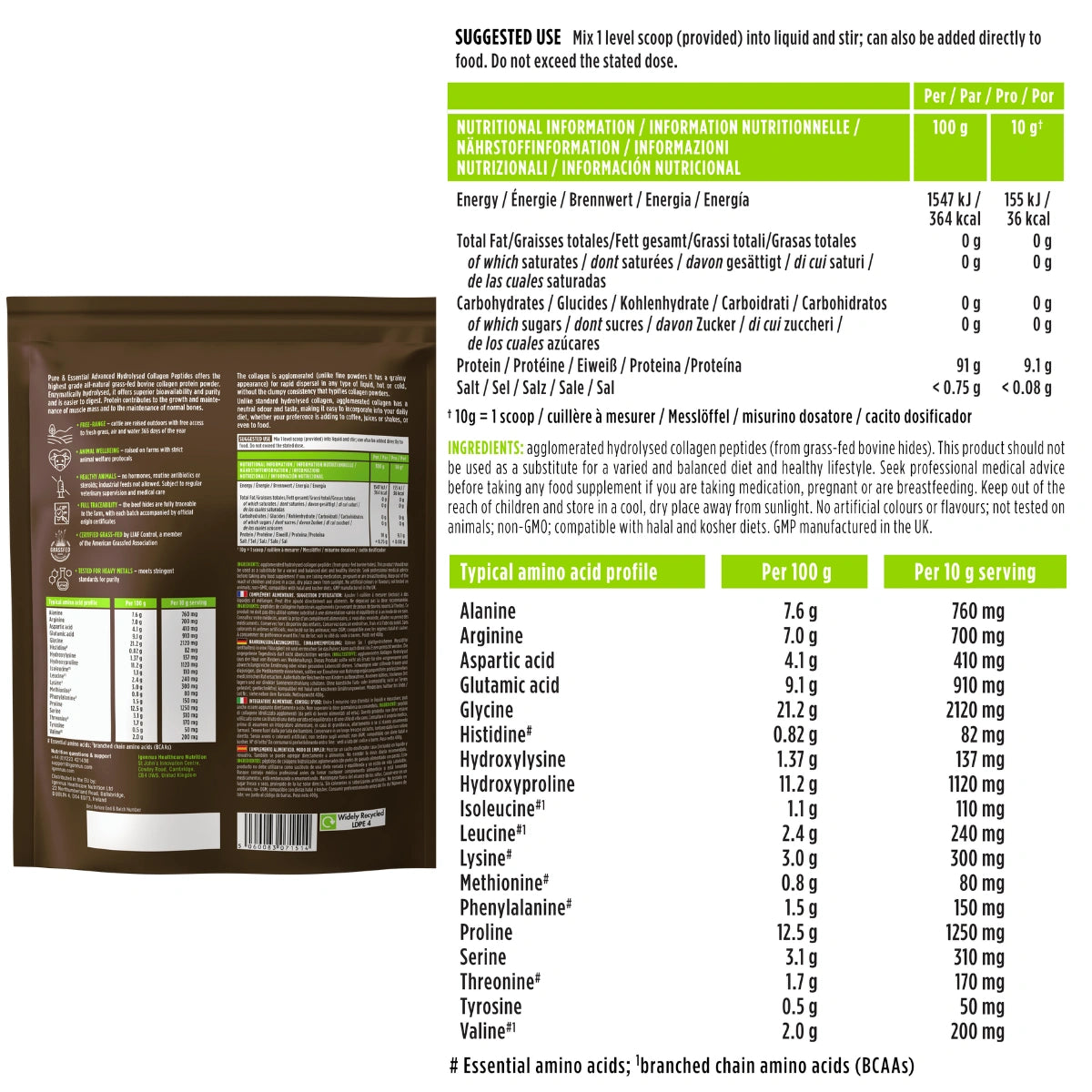 Advanced Hydrolysed Collagen Peptides – 100% Grass-fed Bovine Collagen Protein Powder, 40 Servings