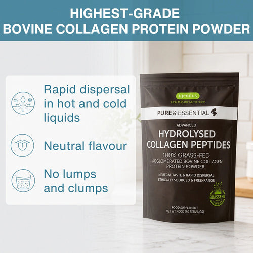 Package of hydrolysed collagen peptides with text highlighting features on a marble surface.