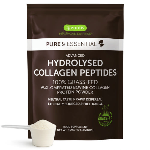 Package of igennus Healthcare Nutrition Hydrolysed Collagen Peptides with a scoop of powder.