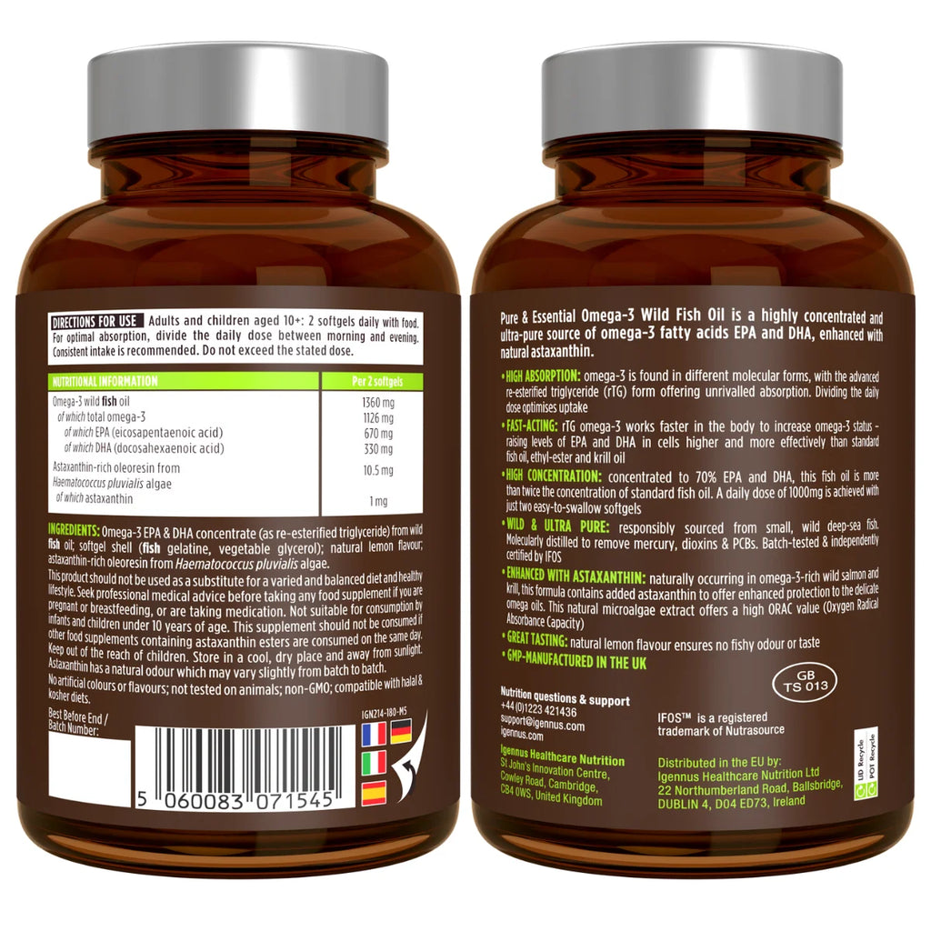 High absorption Omega-3 Wild Fish Oil, 1000mg EPA & DHA rTG Triglyceride and Astaxanthin, 180 Softgels