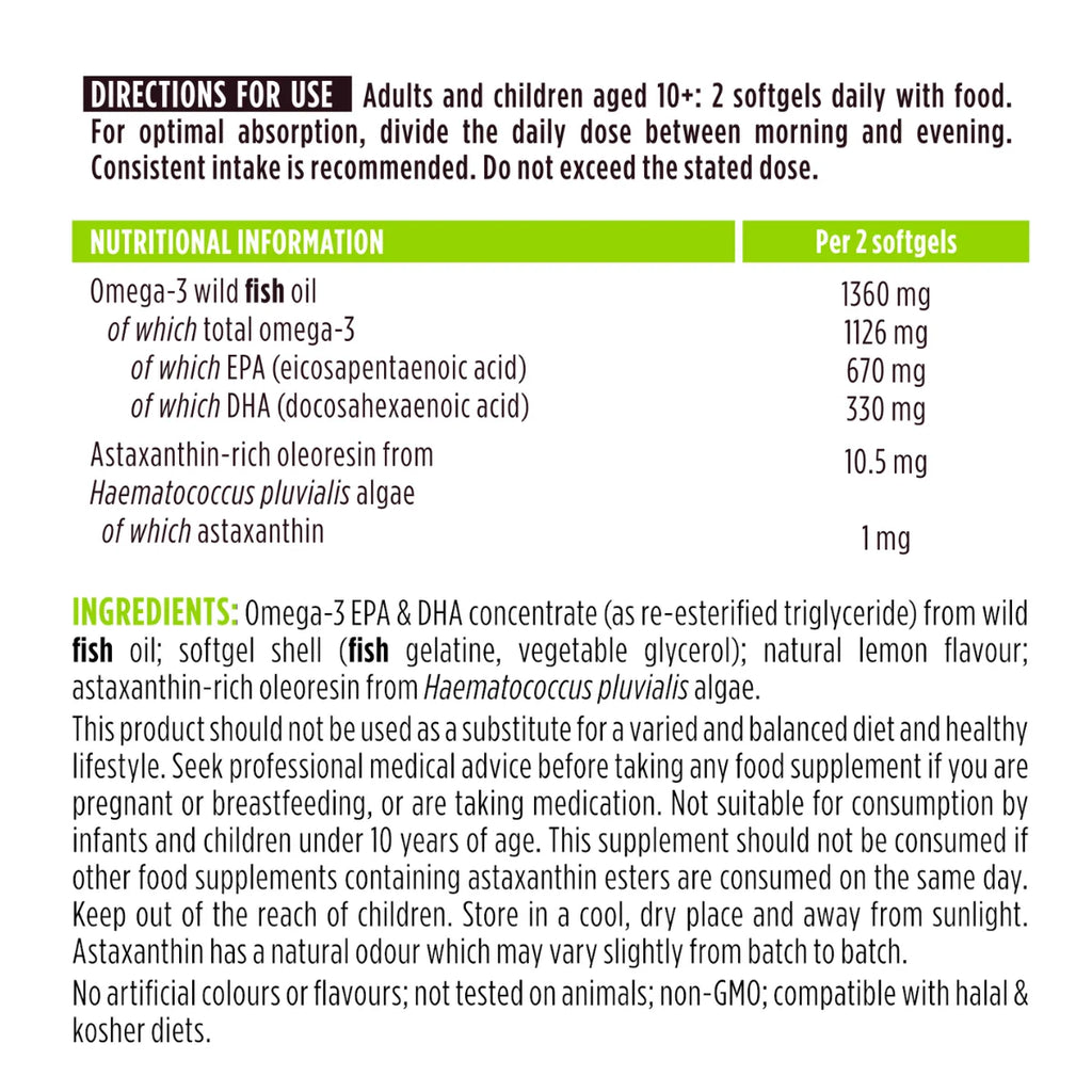 High absorption Omega-3 Wild Fish Oil, 1000mg EPA & DHA rTG Triglyceride and Astaxanthin, 180 Softgels