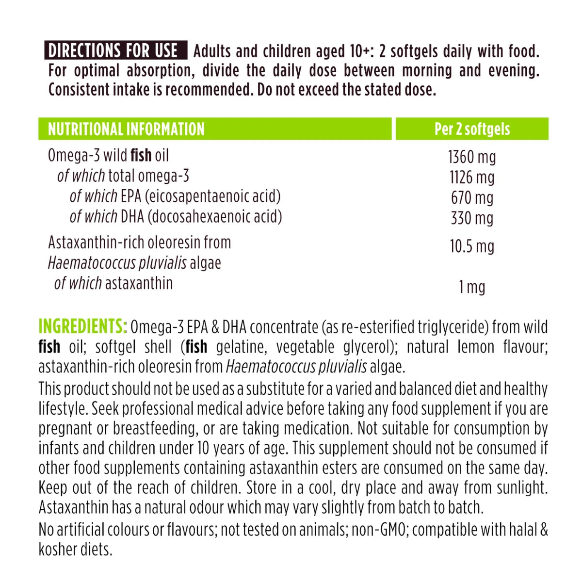 High absorption Omega-3 Wild Fish Oil, 1000mg EPA & DHA rTG Triglyceride and Astaxanthin, 180 Softgels