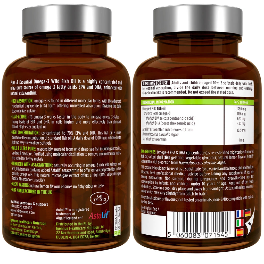 High absorption Omega-3 Wild Fish Oil, 1000mg EPA & DHA rTG Triglyceride and Astaxanthin, 180 Softgels