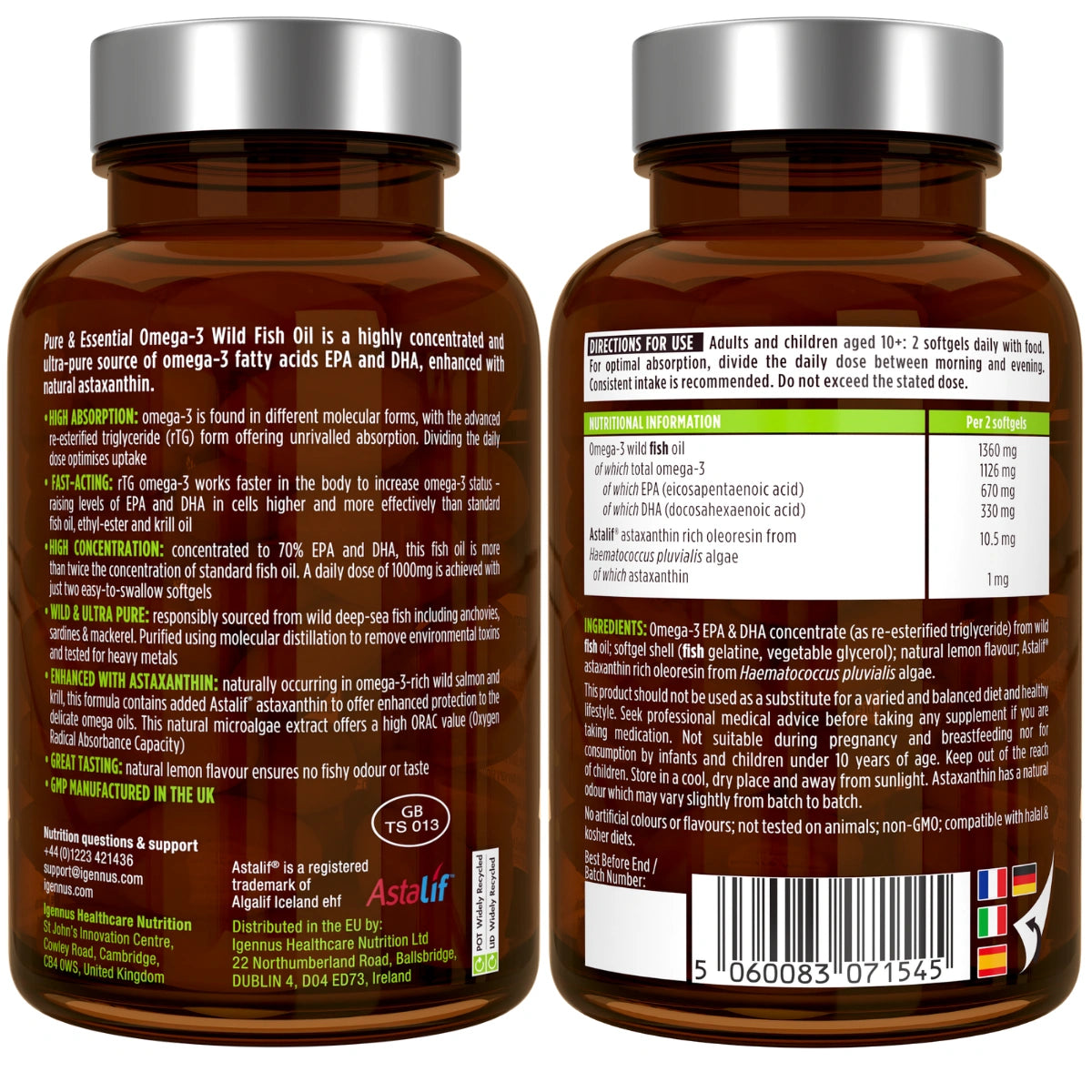 High absorption Omega-3 Wild Fish Oil, 1000mg EPA & DHA rTG Triglyceride and Astaxanthin, 180 Softgels