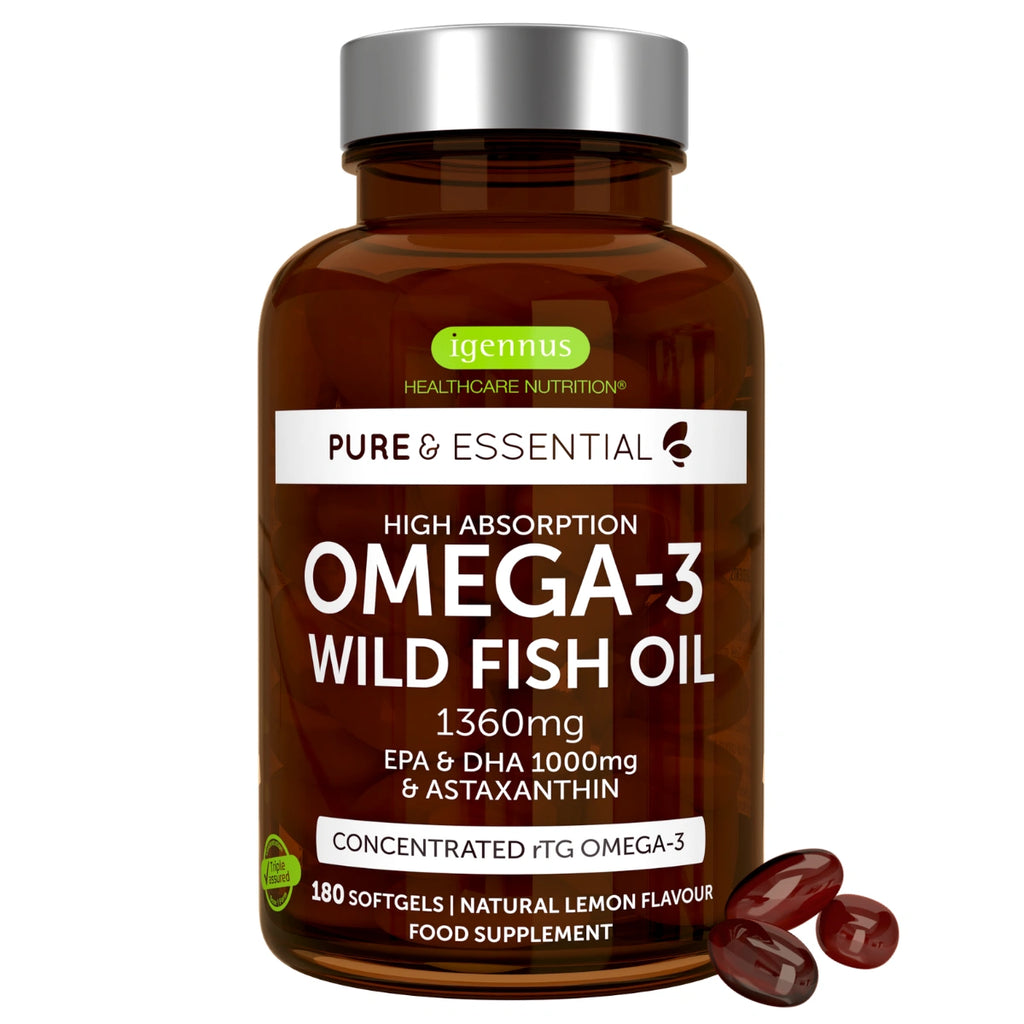 High absorption Omega-3 Wild Fish Oil, 1000mg EPA & DHA rTG Triglyceride and Astaxanthin, 180 Softgels