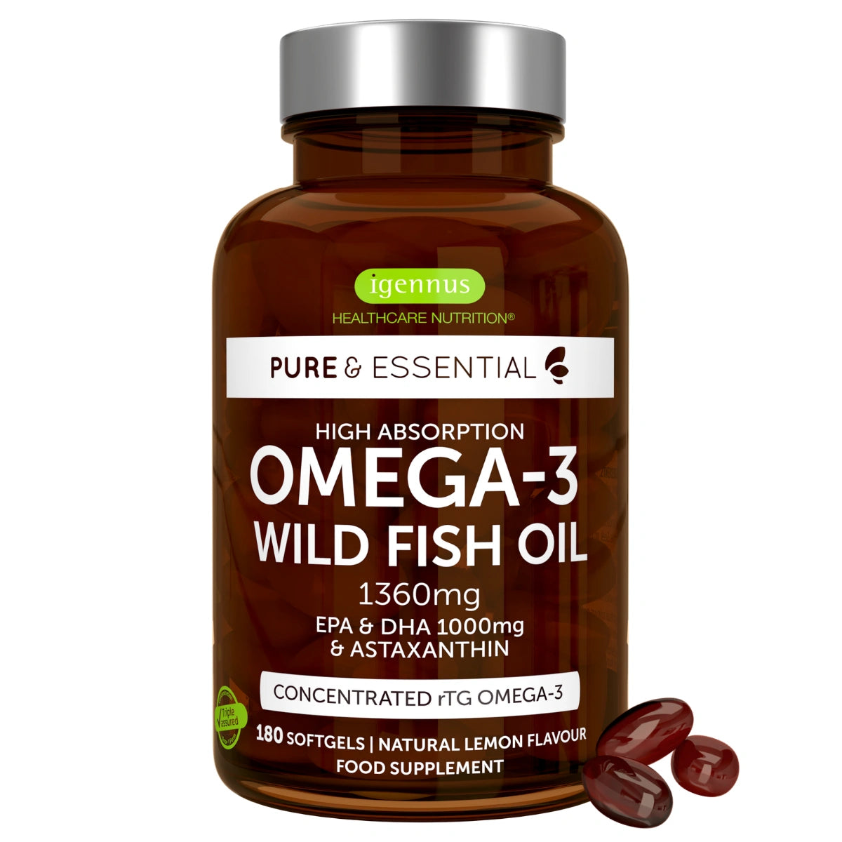 High absorption Omega-3 Wild Fish Oil, 1000mg EPA & DHA rTG Triglyceride and Astaxanthin, 180 Softgels