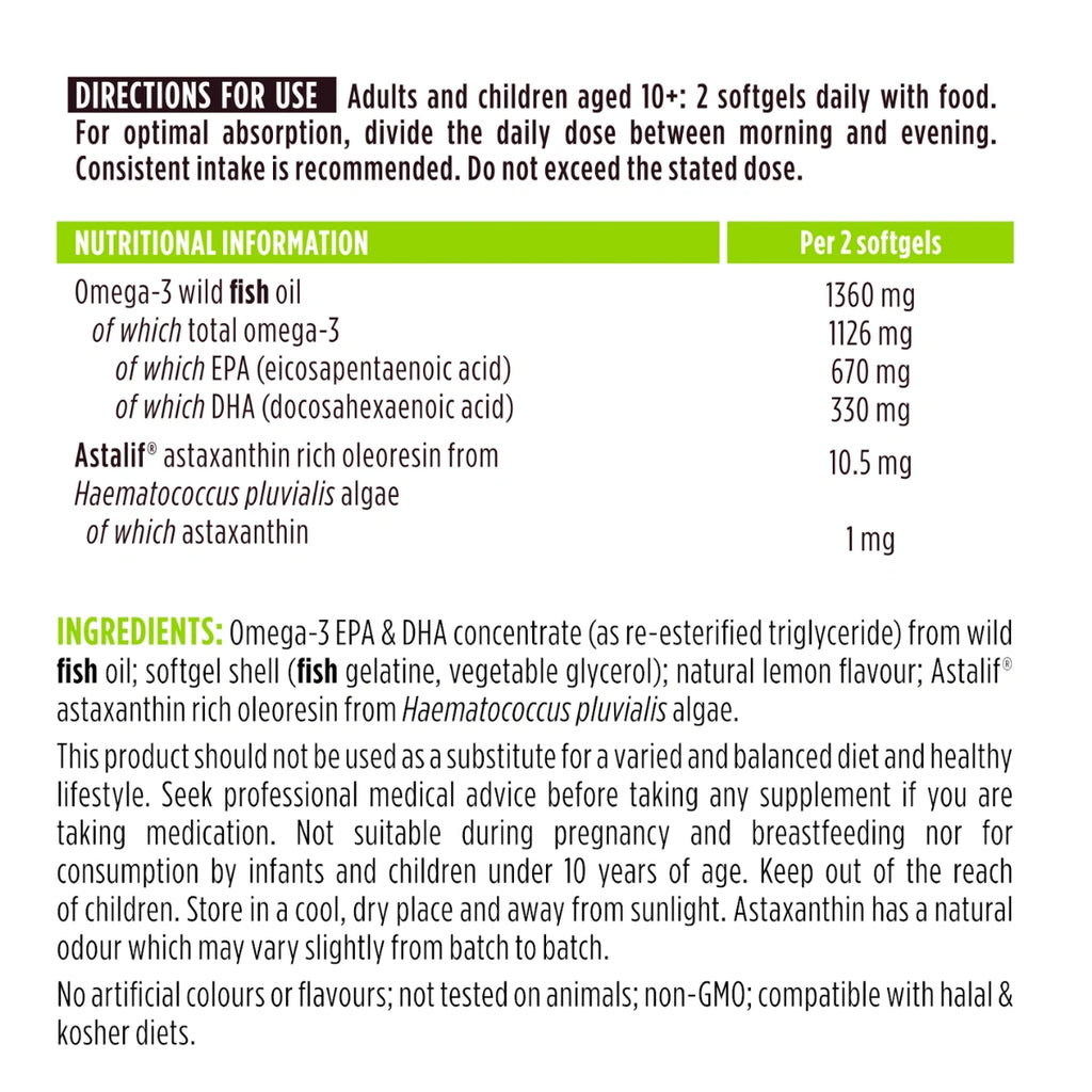 High absorption Omega-3 Wild Fish Oil, 1000mg EPA & DHA rTG Triglyceride and Astaxanthin, 180 Softgels