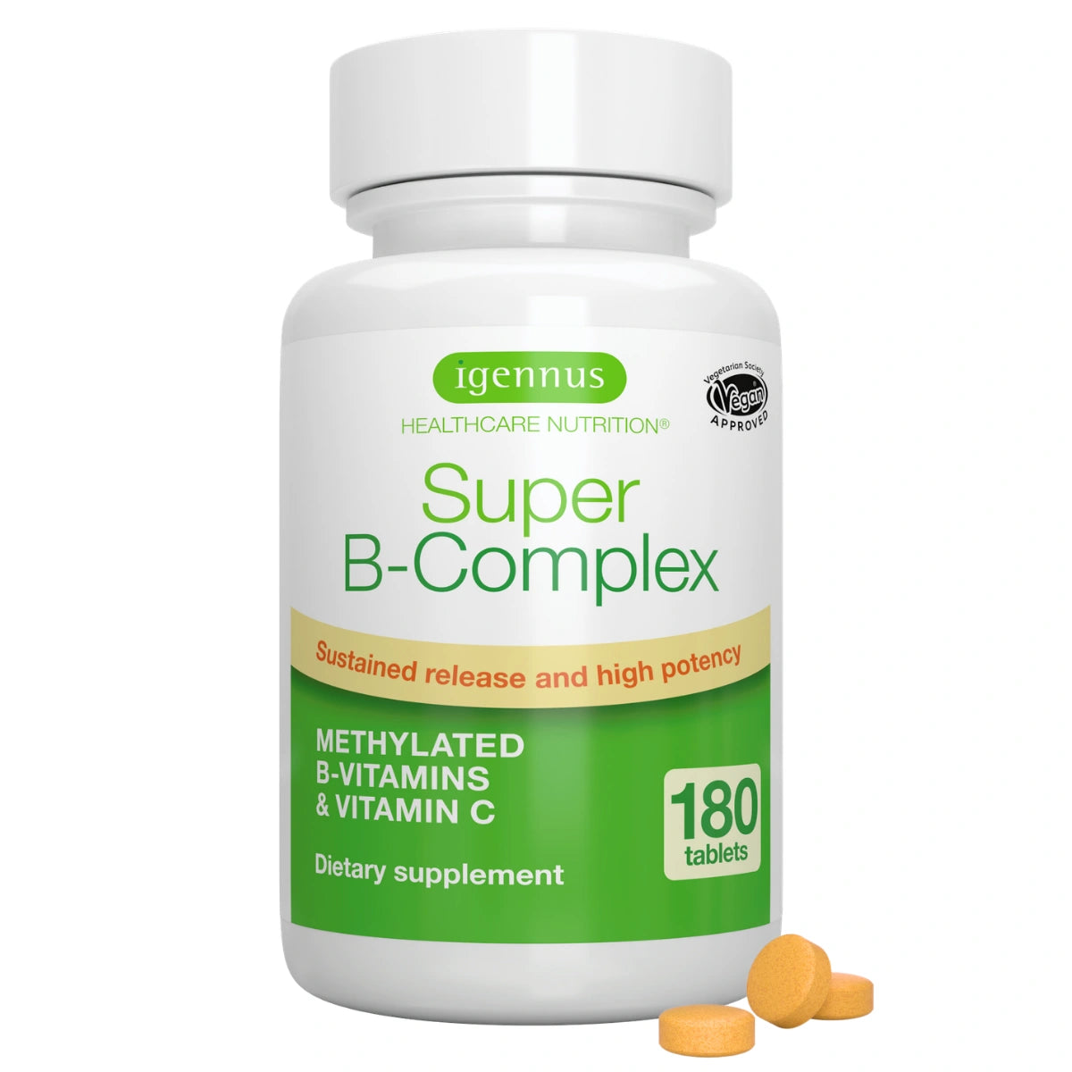 Methylated Super B-Complex, Vitamin B Complex with Vitamin C & Methylfolate, Sustained Release, 60-180 Tablets