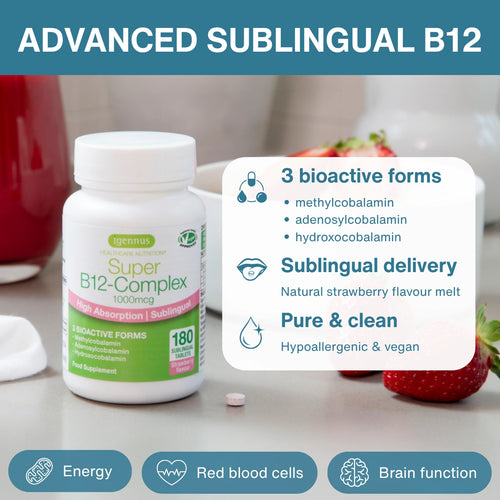 Super B12-Complex 1000mcg, Sublingual Vitamin B12 Melt, High Absorption Methylcobalamin, Adenosylcobalamin & Hydroxocobalamin, 180 Tablets