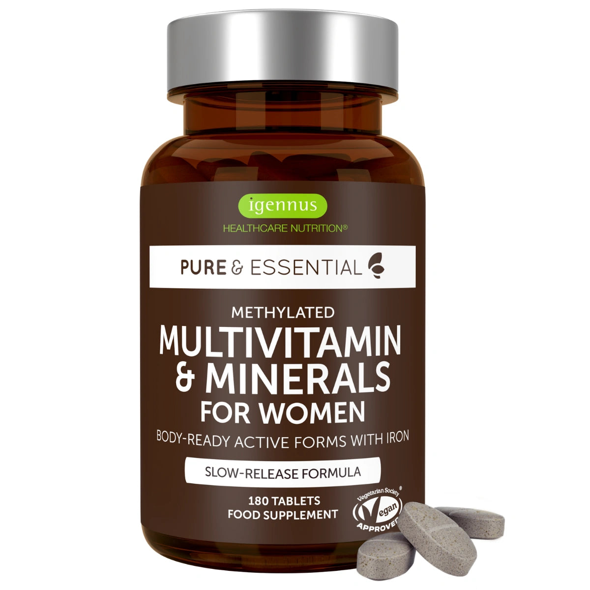Methylated Multivitamin & Minerals with Iron for Women, with Folate, Vitamin D3 1000iu & Zinc, 60-180 Tablets