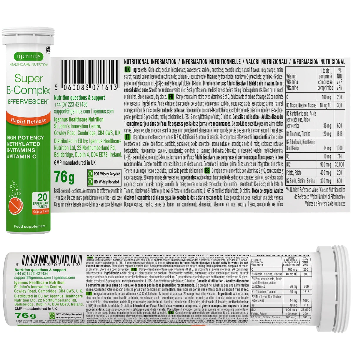 Super B-Complex Effervescent, Rapid Release, Methylated B-Vitamins & Vitamin C, Orange Flavour, 20 Tablets
