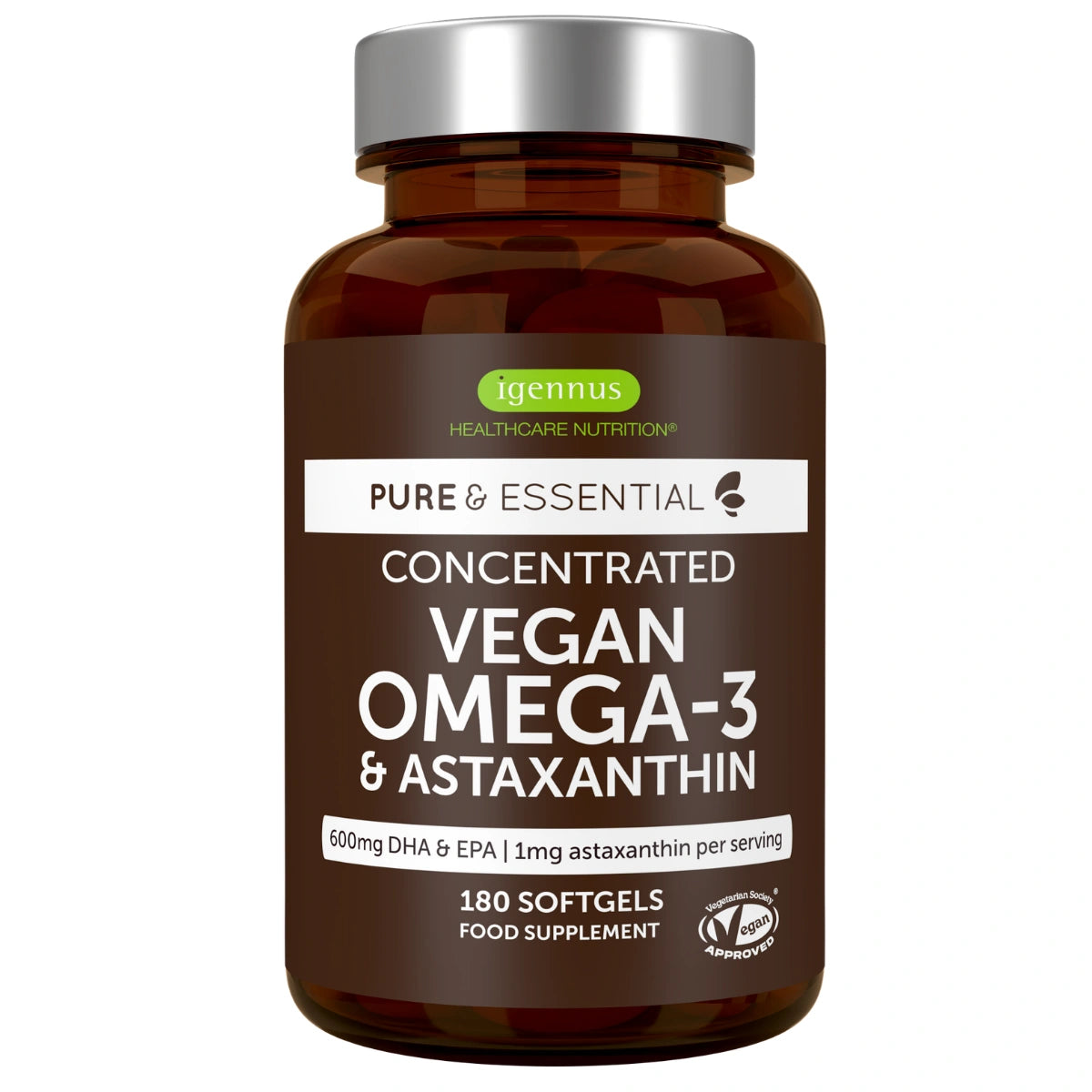 Vegan Omega-3 Algae Oil, 400mg DHA & 200mg EPA & Astaxanthin, 60-180 Softgels