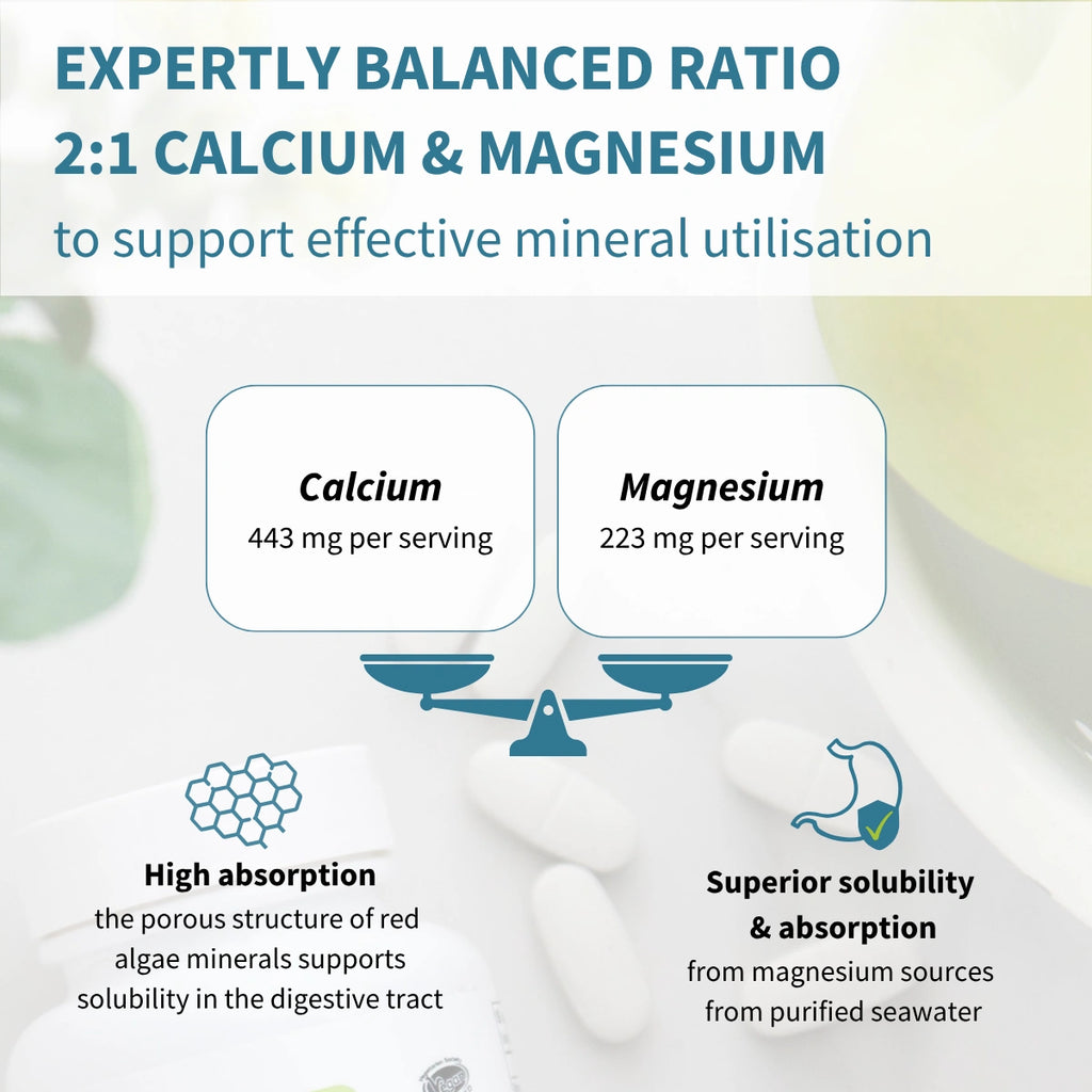 Calcium & Magnesium, High Absorption Algae Mineral Complex, Vitamin D3, K2 & Boron, Vegan, 60 Tablets