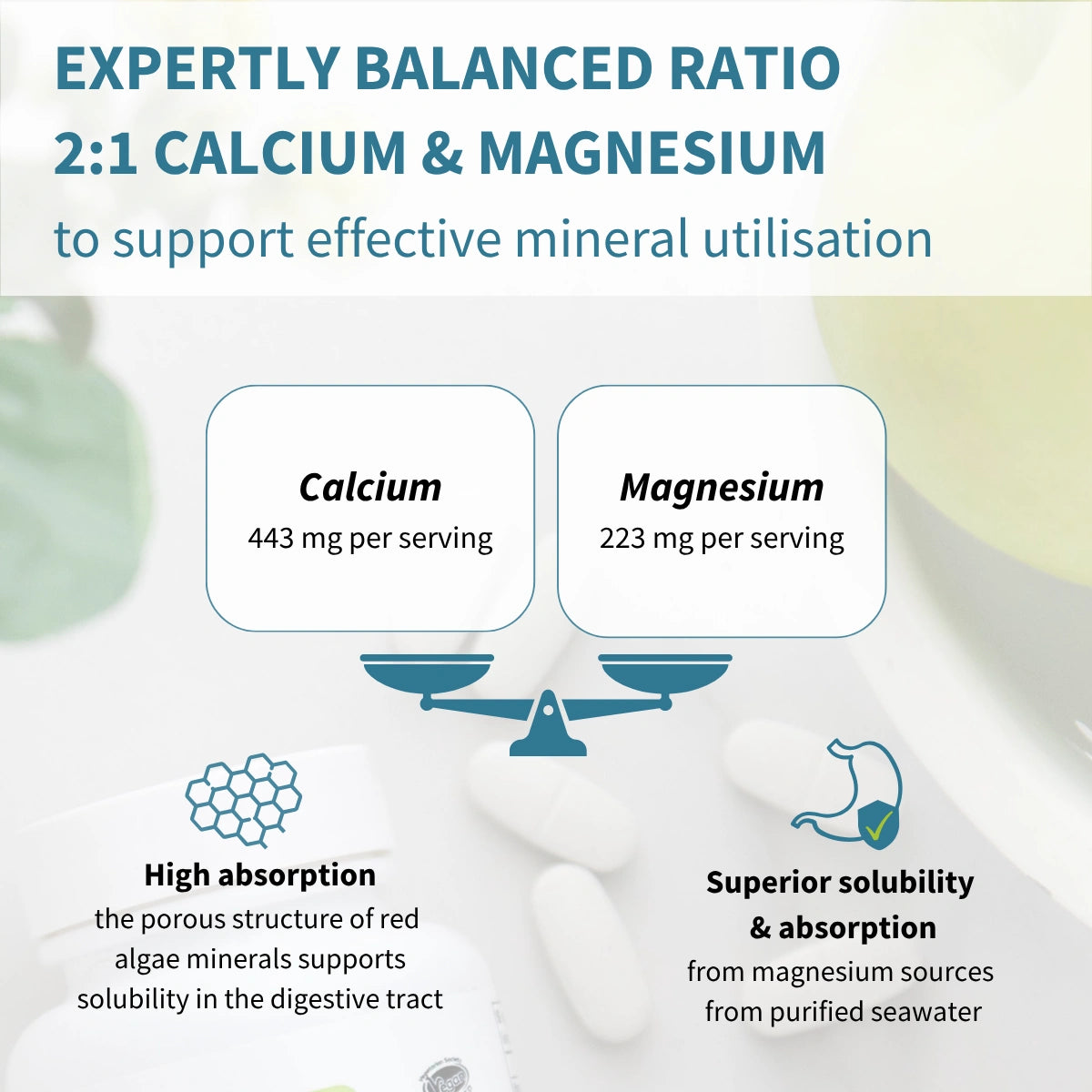 Calcium & Magnesium, High Absorption Algae Mineral Complex, Vitamin D3, K2 & Boron, Vegan, 60 Tablets