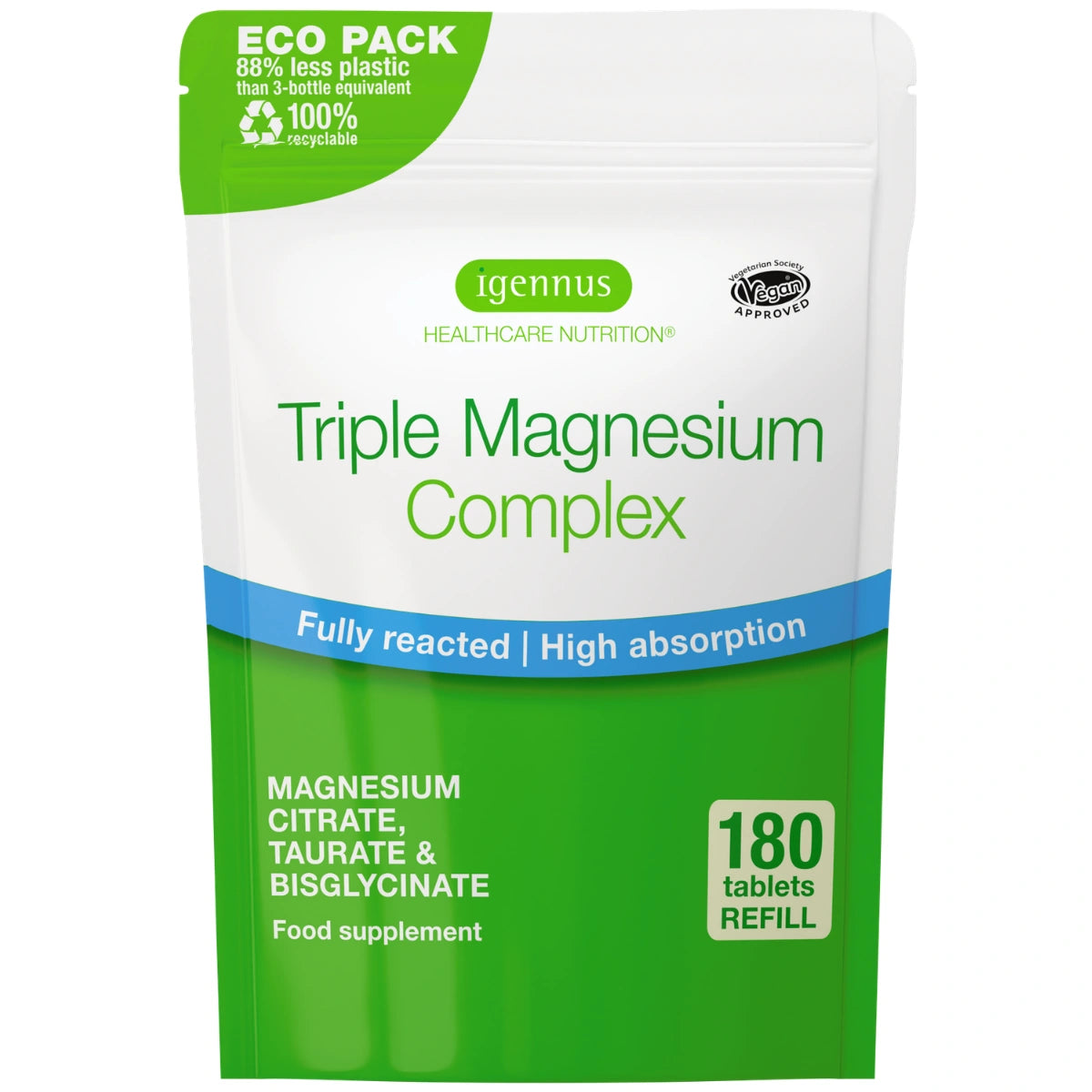 Triple Magnesium Complex, Fully Reacted and Chelated Magnesium Citrate, Bisglycinate & Taurate, 60-180 Tablets