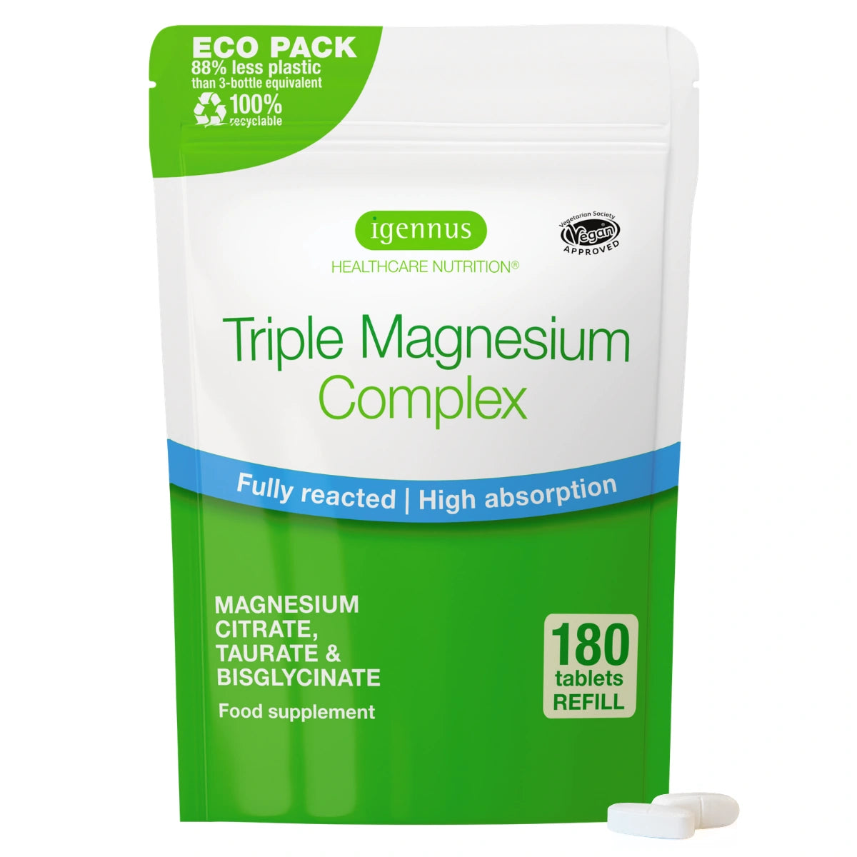 Triple Magnesium Complex, Fully Reacted and Chelated Magnesium Citrate, Bisglycinate & Taurate, 60-180 Tablets