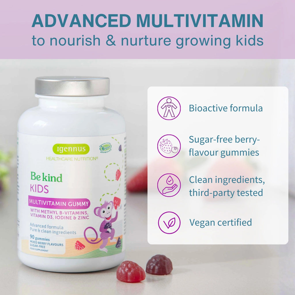 Kids Multivitamin Gummy with Methylated B-Vitamins, Iodine & Zinc, Clean & Sugar-Free, for Children aged 4+, 90 Gummies