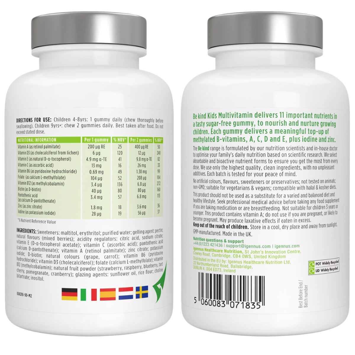 Kids Multivitamin Gummy with Methylated B-Vitamins, Iodine & Zinc, Clean & Sugar-Free, for Children aged 4+, 90 Gummies