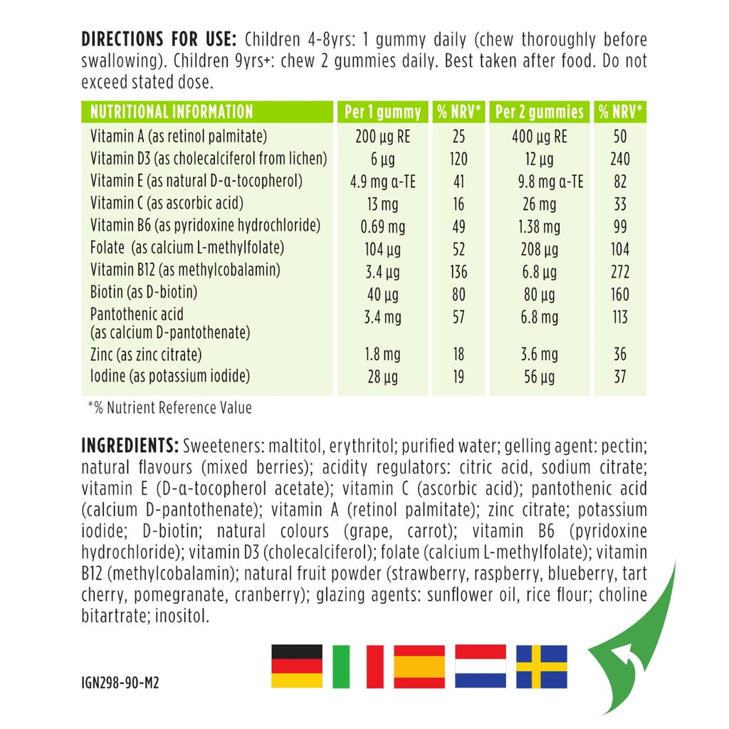 Kids Multivitamin Gummy with Methylated B-Vitamins, Iodine & Zinc, Clean & Sugar-Free, for Children aged 4+, 90 Gummies