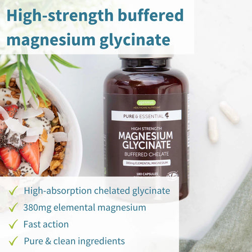 High Strength Magnesium Glycinate Buffered Chelate, 380mg Elemental from 1300mg Bulk, Vegan, 180 Capsules