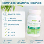 Triple Vitamin K Complex 2700 mcg, High Strength Vitamin K1 & K2 (MK-4 & MK-7), Bioactive Natural Forms, Clean Label, Vegan, 90 Capsules